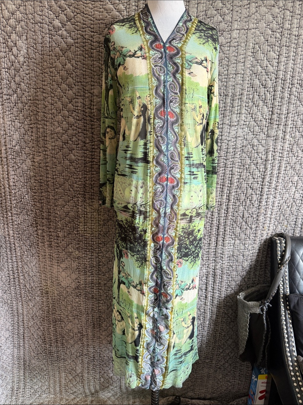 Printed Green Long-Sleeve Maxi Dress with Decorative Trim